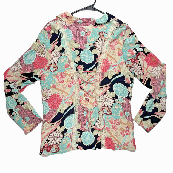 Zoe Floral Button Blouse Large Pink Teal Lace Back Boho Cottagecore USA - Picture 2 of 12